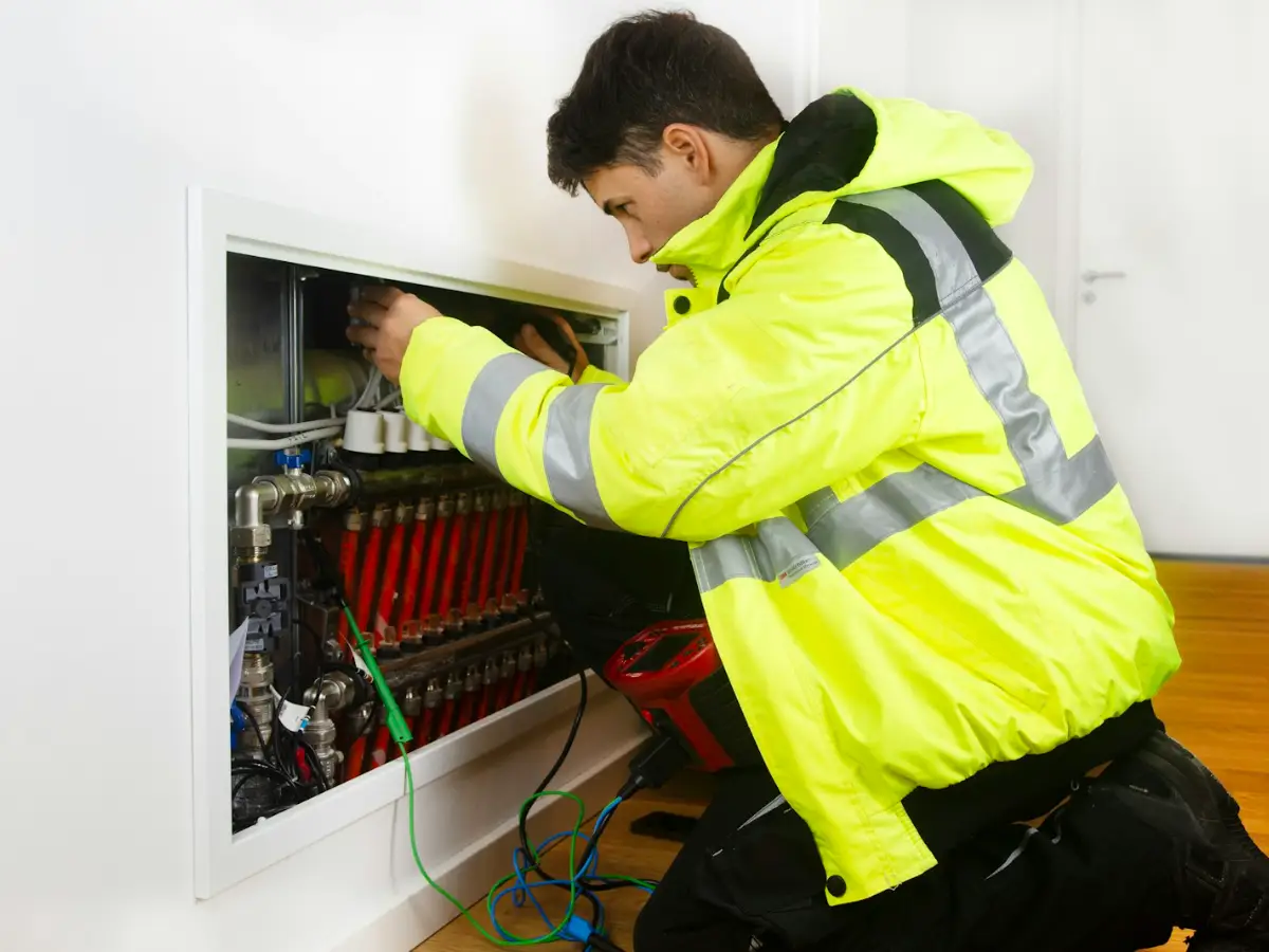 Air conditioning repair engineer testing the wiring behind a wall-mounted indoor unit