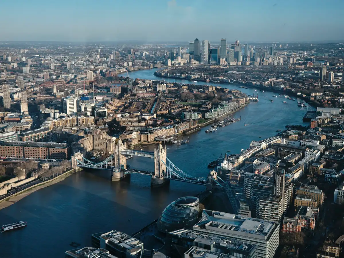 Aerial view of London and the Thames on a clear day