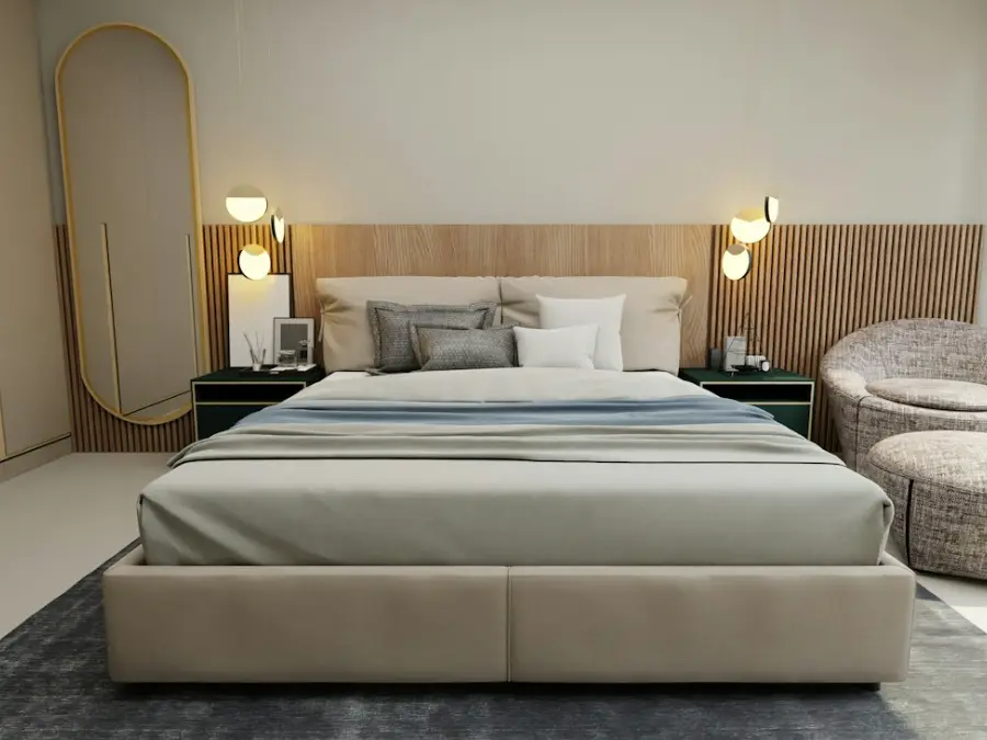Calm modern bedroom with neutral bedding and a large window