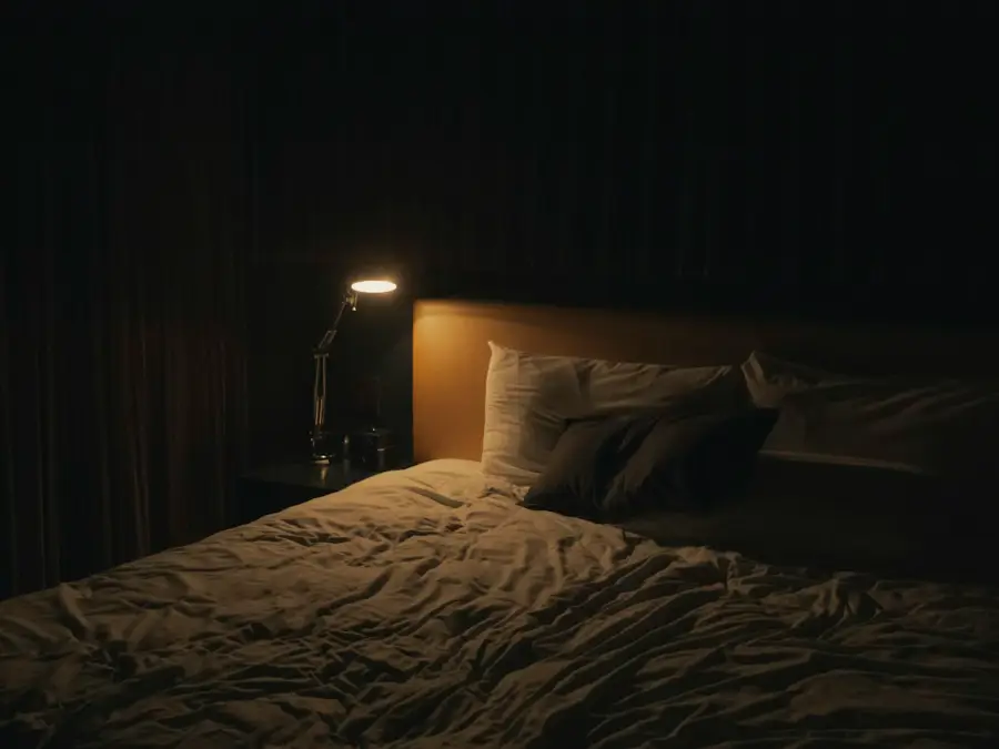 Dark bedroom at night with the curtains drawn