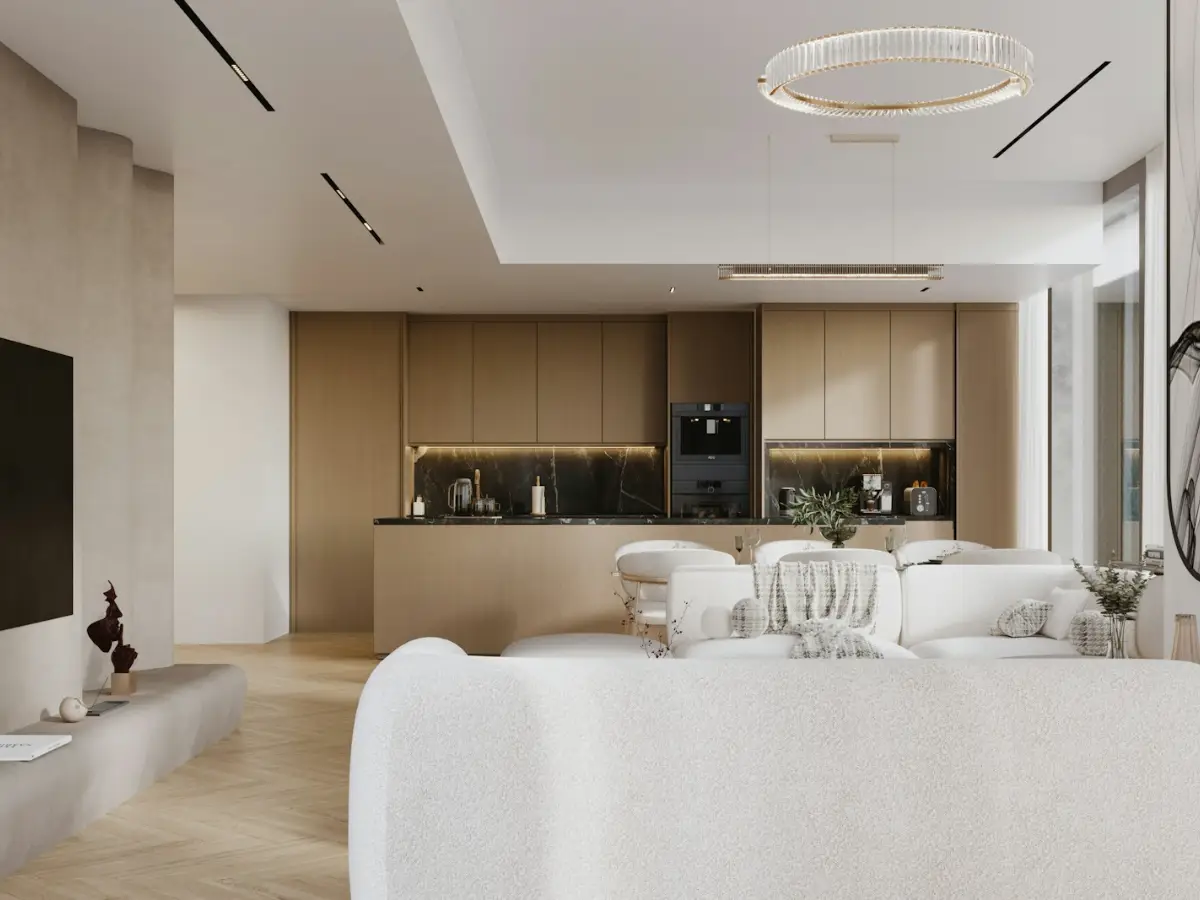 Ducted air conditioning in an open plan home, with slim grilles set into the ceiling