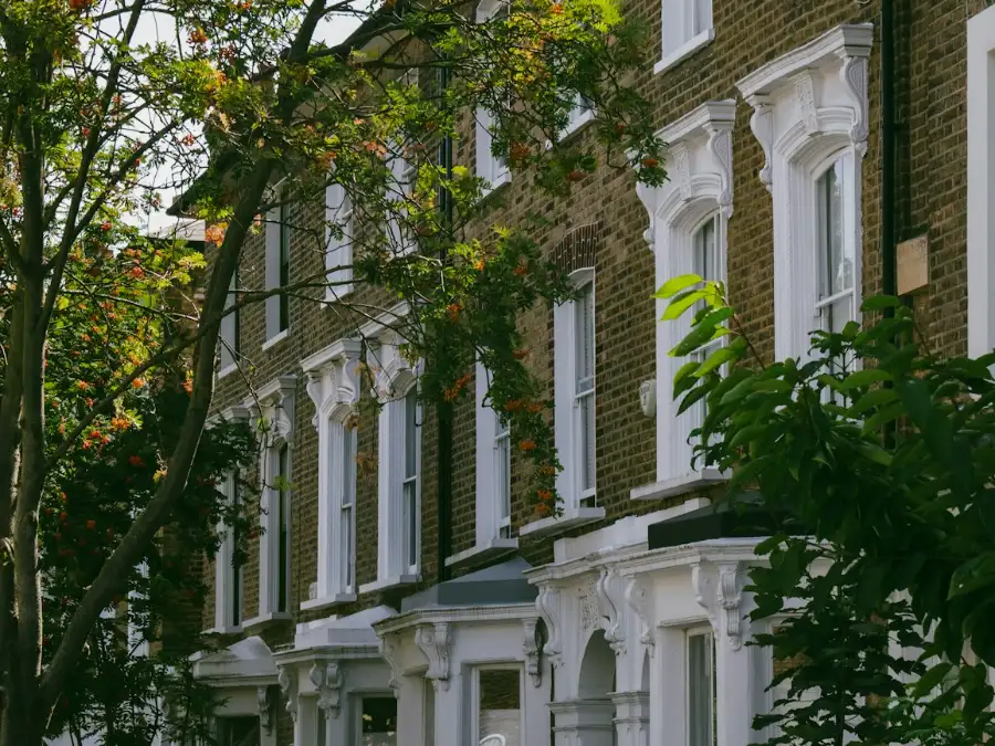 Row of white stucco terraced houses in a London conservation area