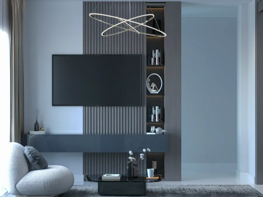 Living room with a media wall and space above for a slim indoor unit