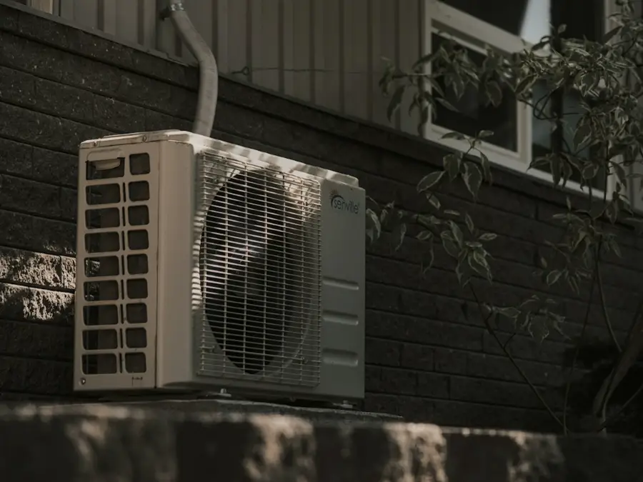 Split system outdoor unit on a stand in a back garden