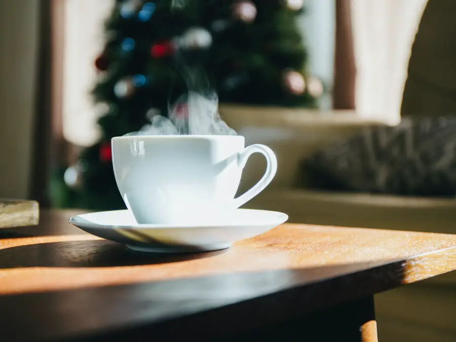 Person holding a warm drink in a cosy home on a winter afternoon